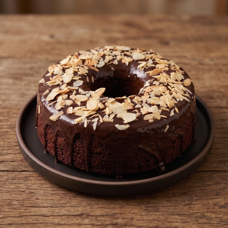 Bolo de Chocolate com calda de Café e Amêndoas